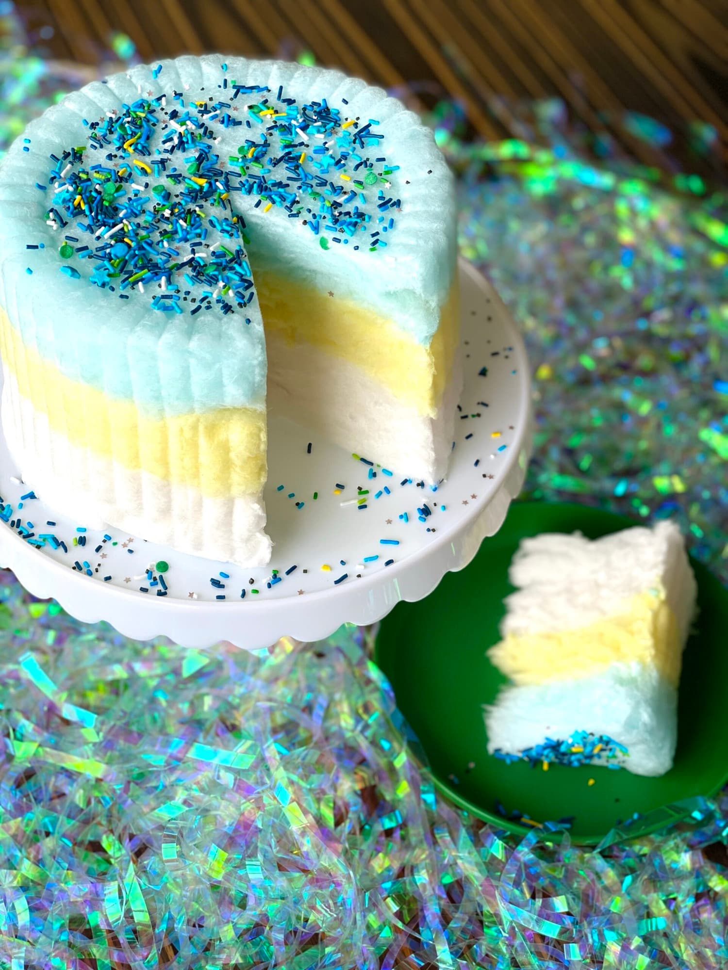 Close-up of a triple flavor cotton candy cake